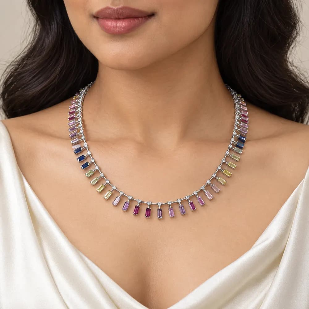 Rainbow Fringe Statement Moissanite Necklace — second view