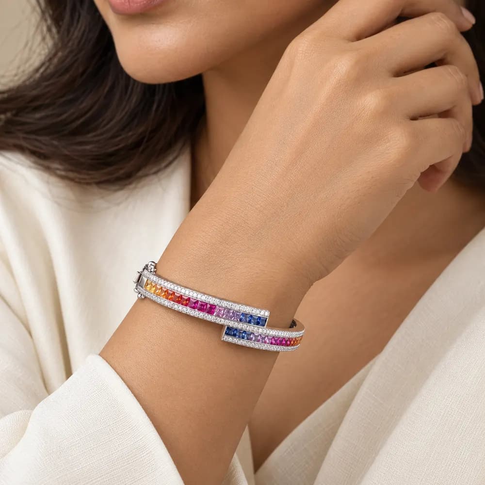 Rainbow Offset Bypass Moissanite Kada Bangle — second view