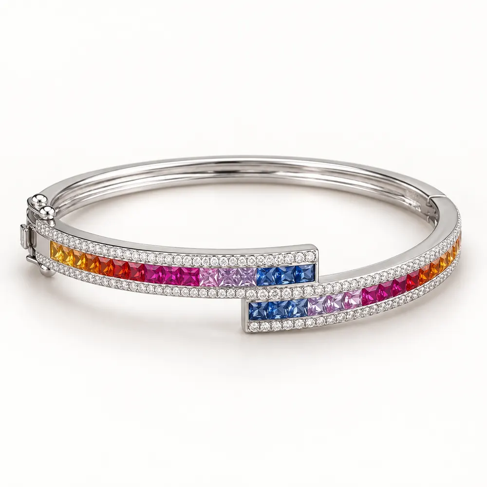 Rainbow Offset Bypass Moissanite Kada Bangle