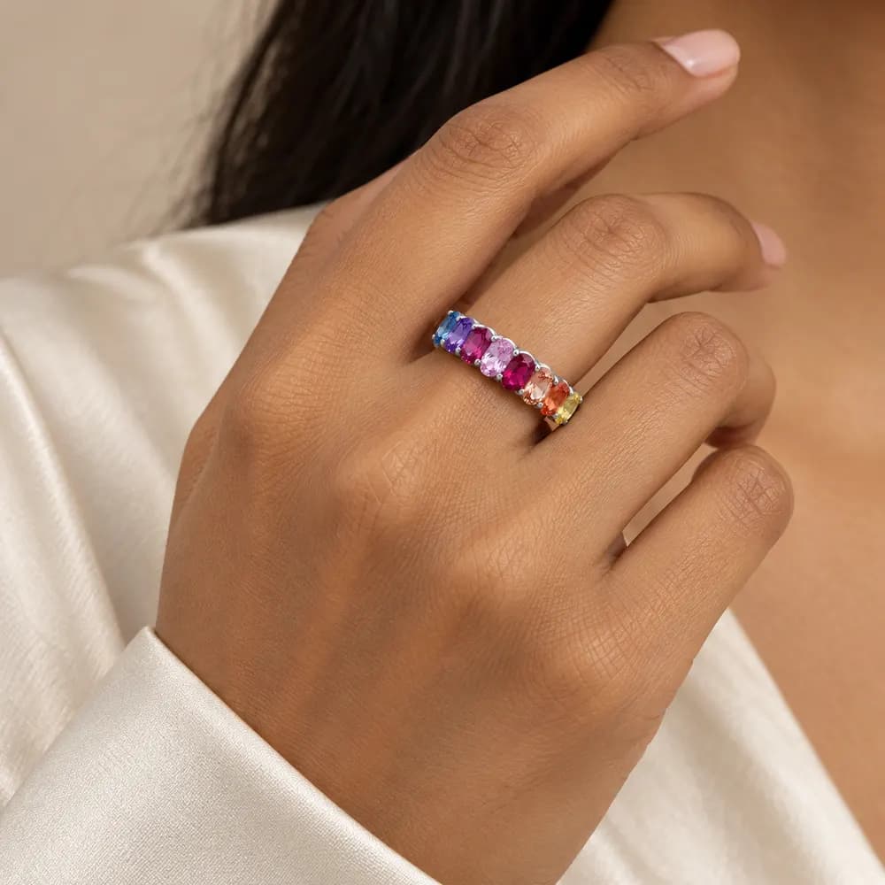 Rainbow Oval Half Eternity Moissanite Ring — second view