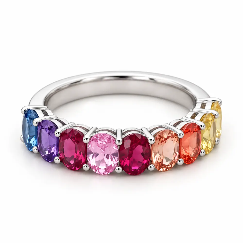 Rainbow Oval Half Eternity Moissanite Ring