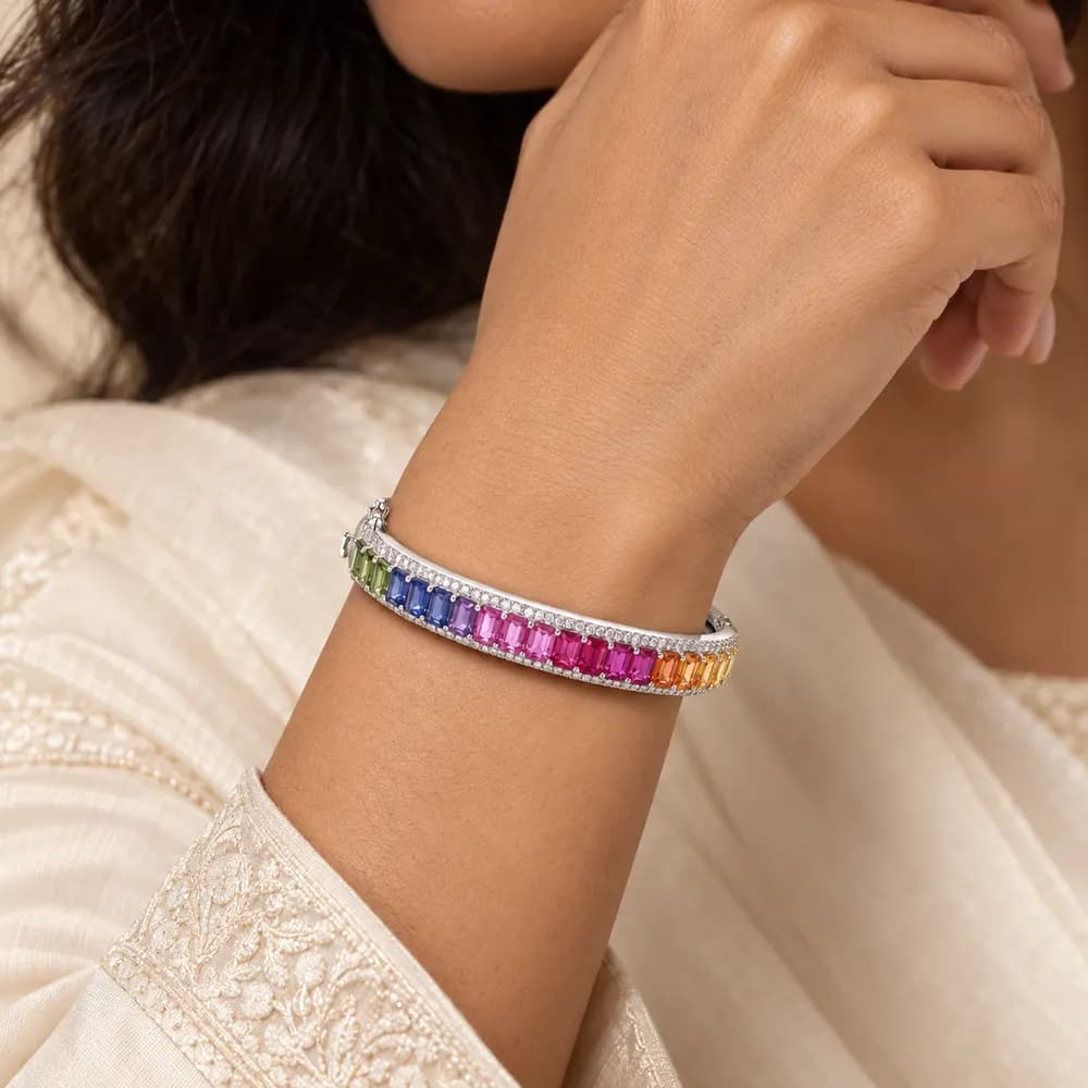 Rainbow Sapphire-Style Moissanite Kada Bangle — second view