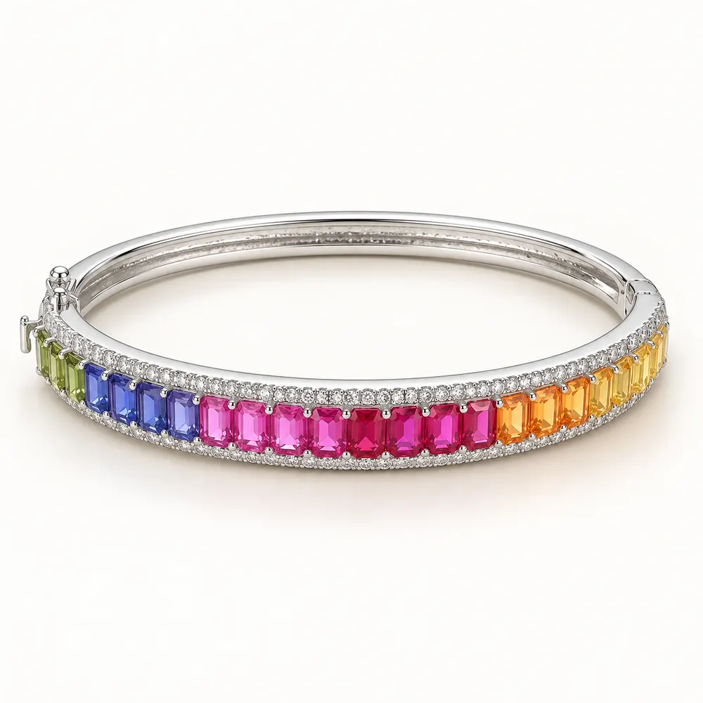 Rainbow Sapphire-Style Moissanite Kada Bangle