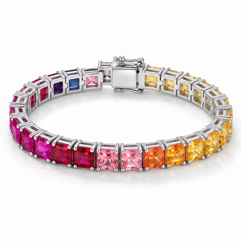 Rainbow Square-Link Moissanite Tennis Bracelet