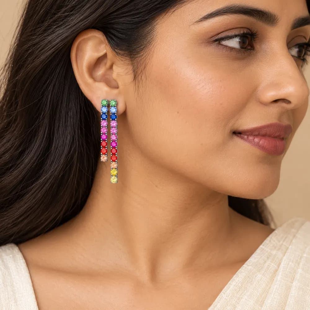 Rainbow Staggered Double-Line Moissanite Earrings — second view