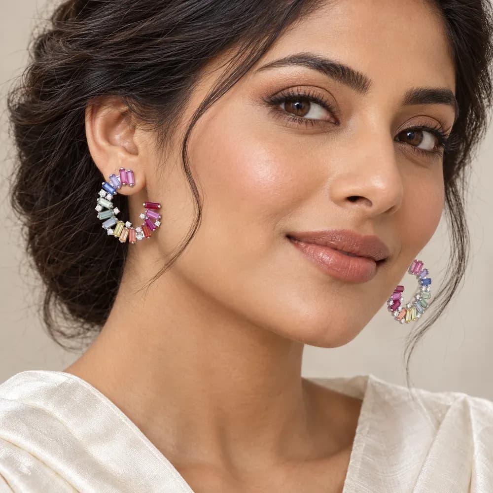 Rainbow Sunburst Moissanite Hoop Earrings — second view