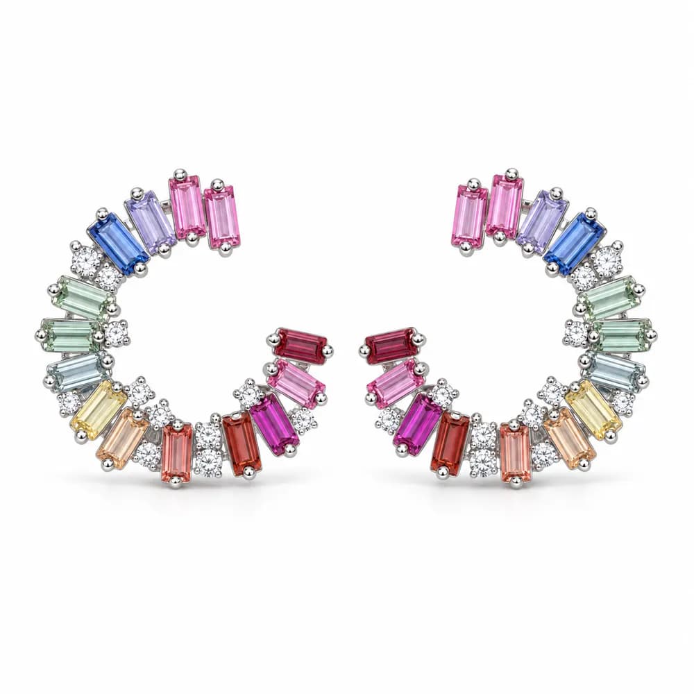 Rainbow Sunburst Moissanite Hoop Earrings