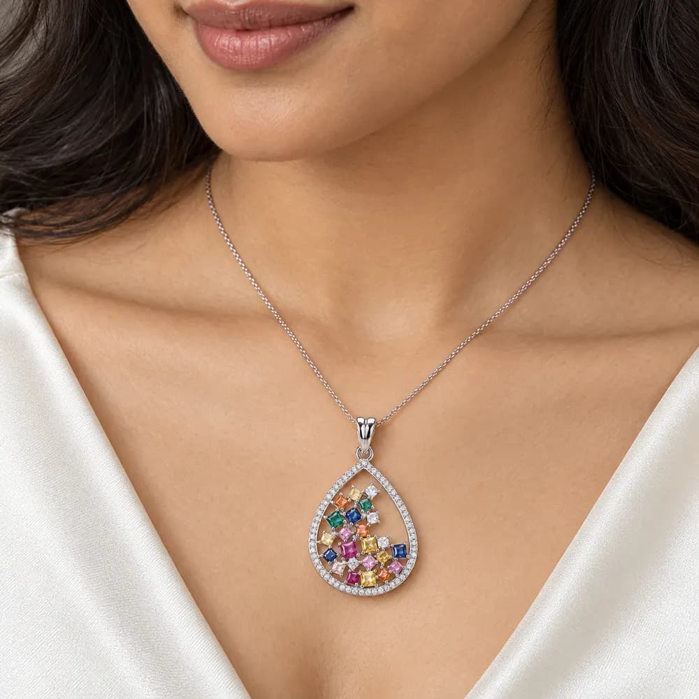 Rainbow Teardrop Halo Moissanite Pendant — second view