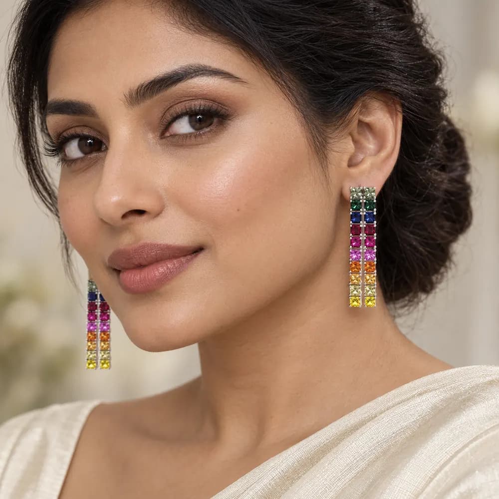 Rainbow Triple-Line Moissanite Drop Earrings — second view