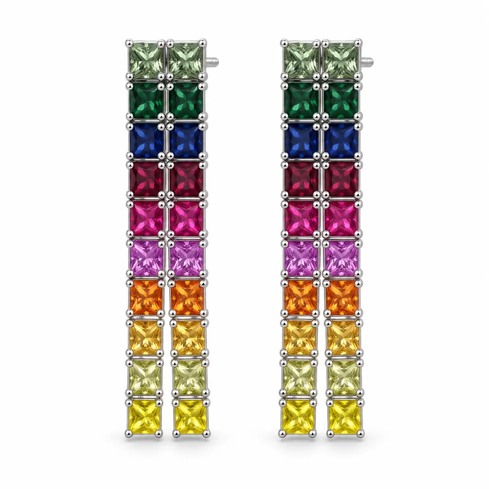 Rainbow Triple-Line Moissanite Drop Earrings