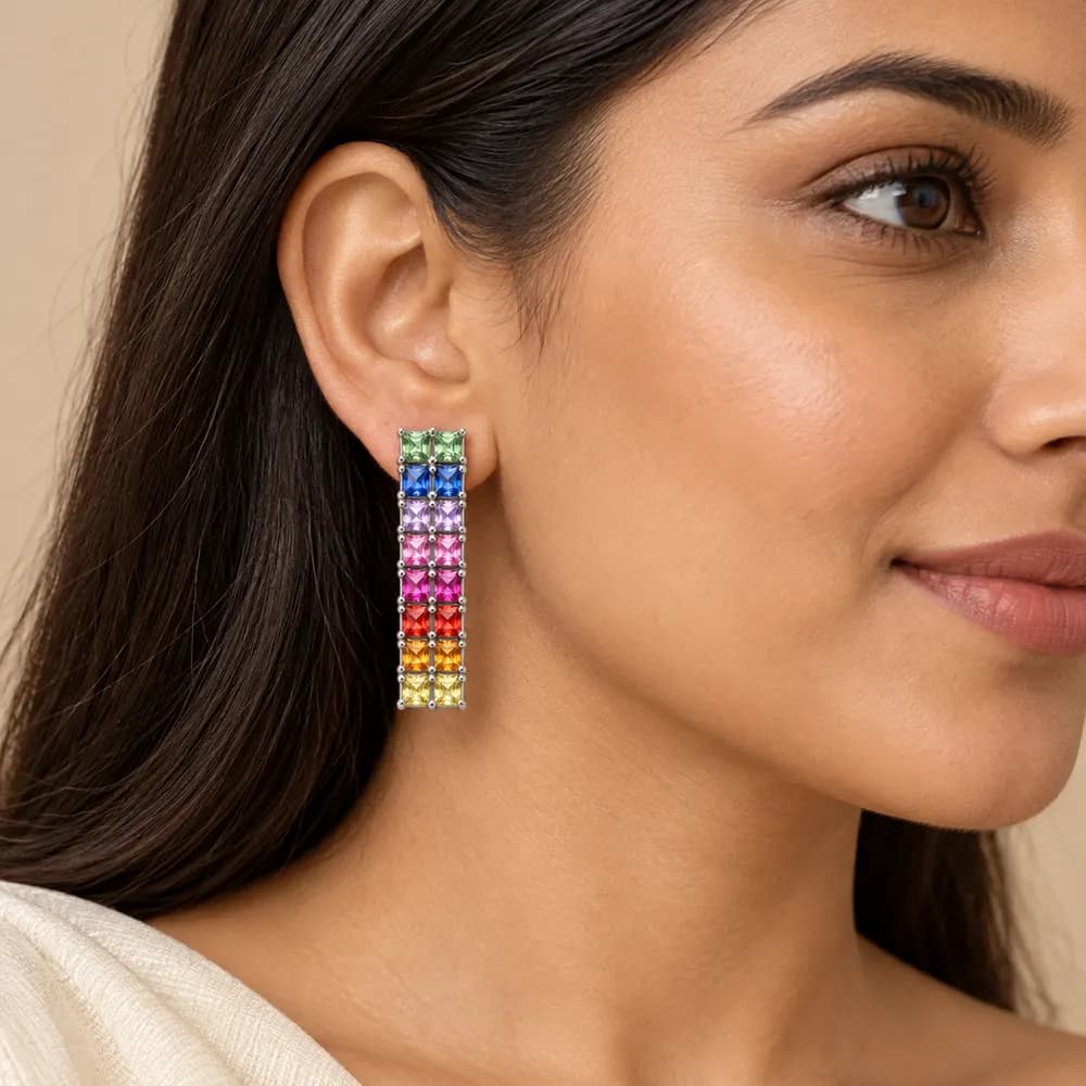 Rainbow Twin-Row Bar Moissanite Earrings — second view