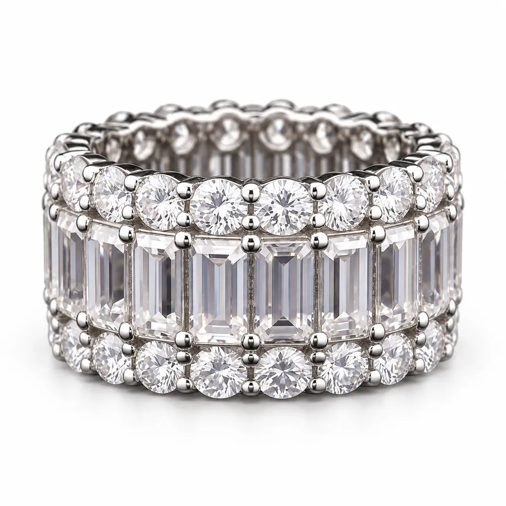 Rectangular and Round Triple-Row Eternity Moissanite Ring