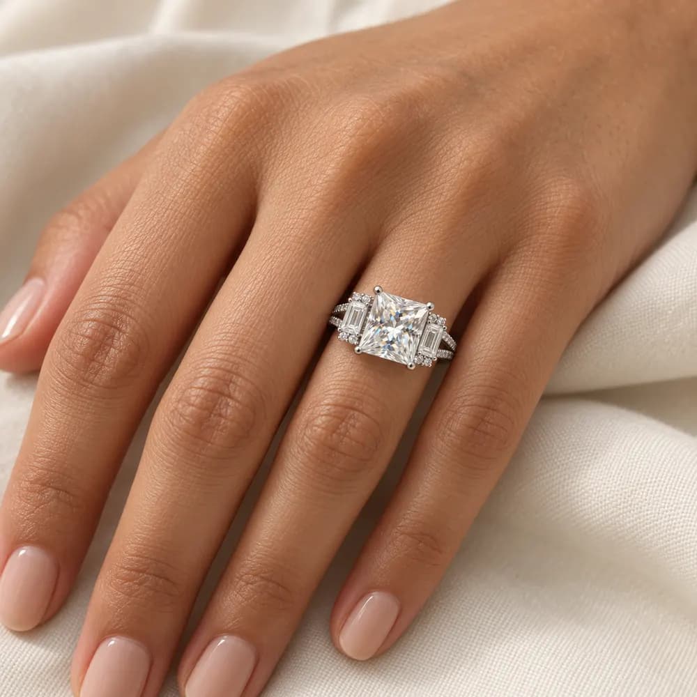 Rectangular Princess and Emerald Cluster Moissanite Ring — second view