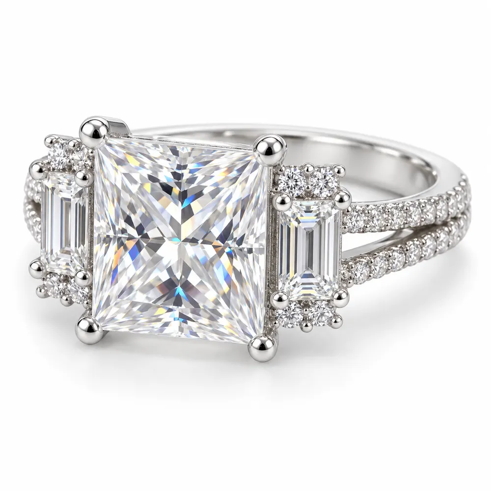 Rectangular Princess and Emerald Cluster Moissanite Ring