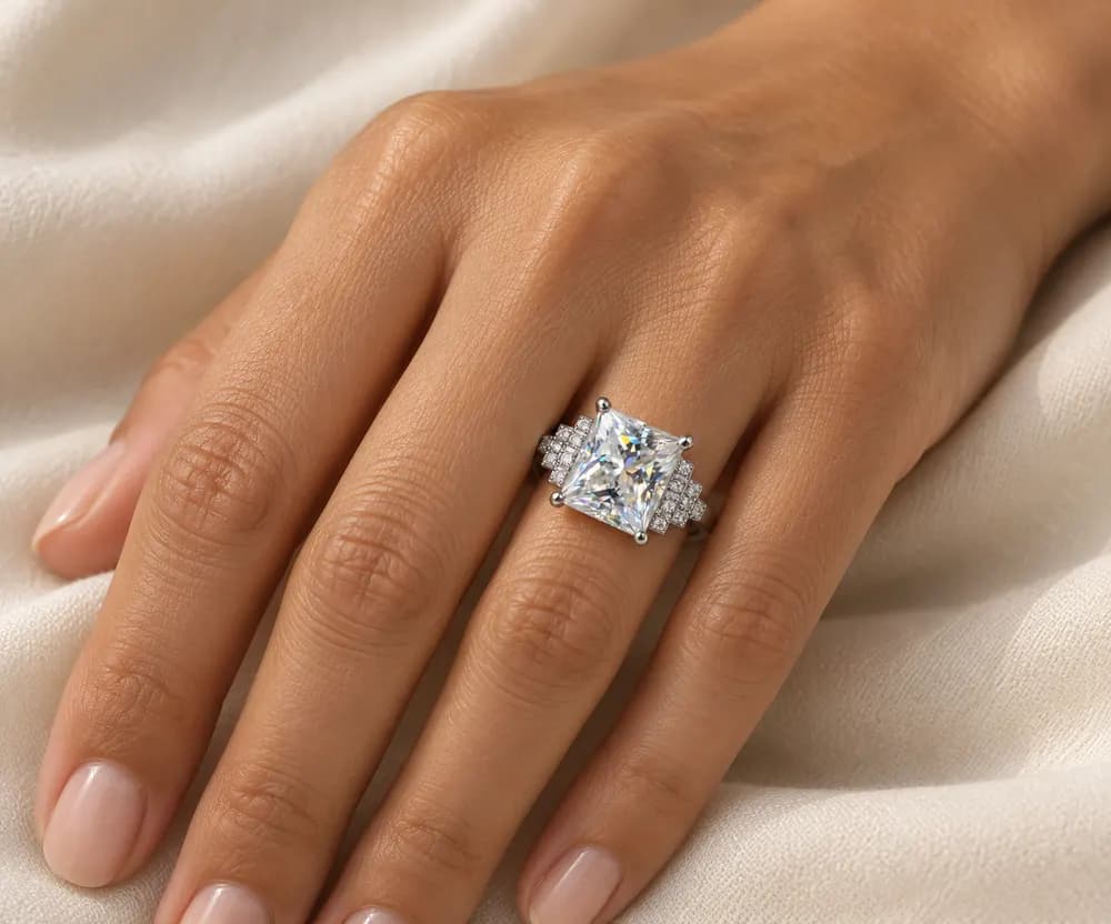 Rectangular Princess Stepped Pavé Moissanite Ring — second view