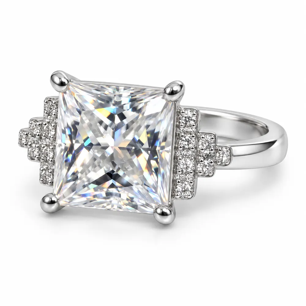 Rectangular Princess Stepped Pavé Moissanite Ring