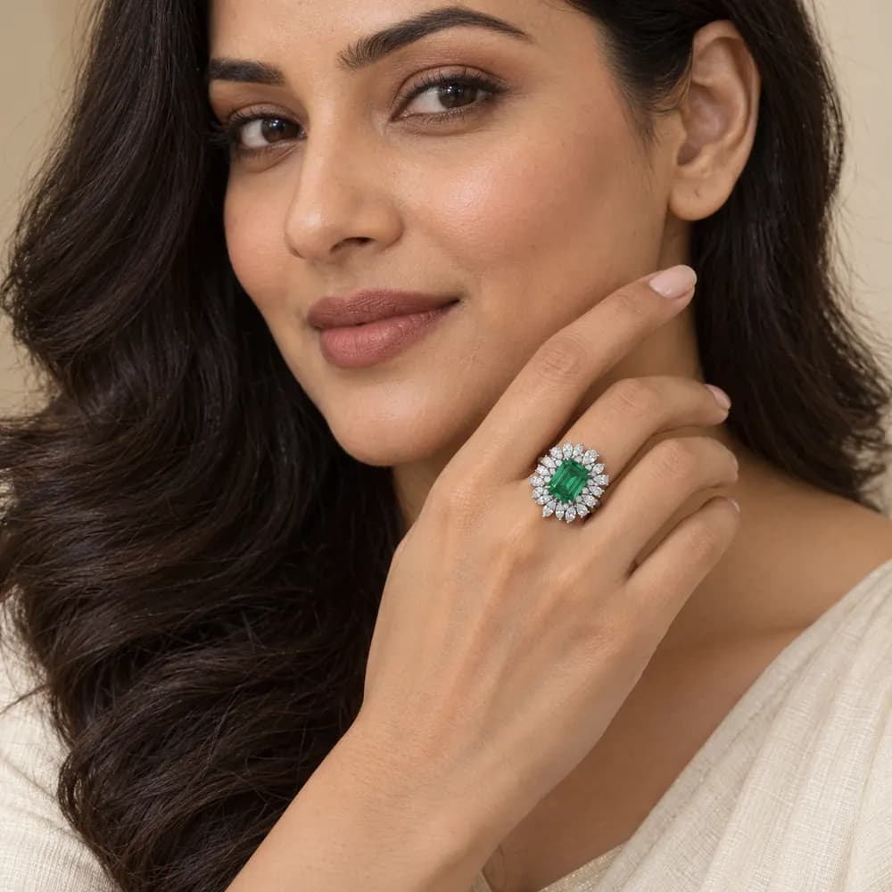 Regal Emerald Cluster Cocktail Moissanite Ring — second view