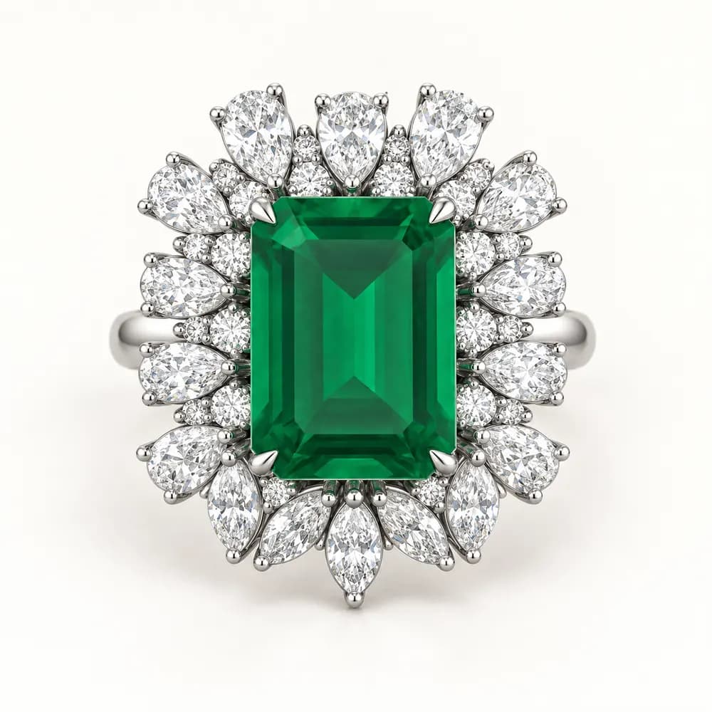 Regal Emerald Cluster Cocktail Moissanite Ring