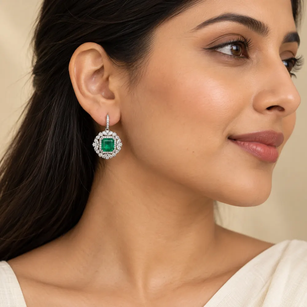 Regal Emerald Cluster Leverback Moissanite Earrings — second view