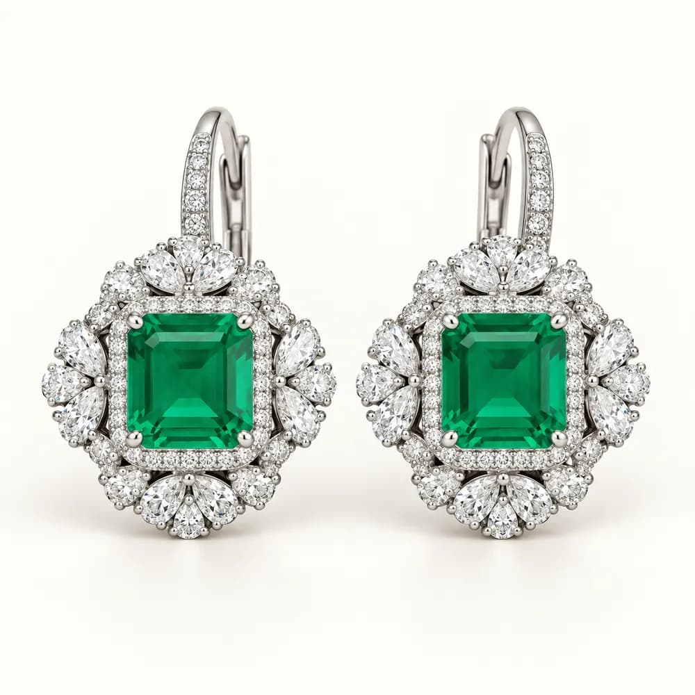 Regal Emerald Cluster Leverback Moissanite Earrings