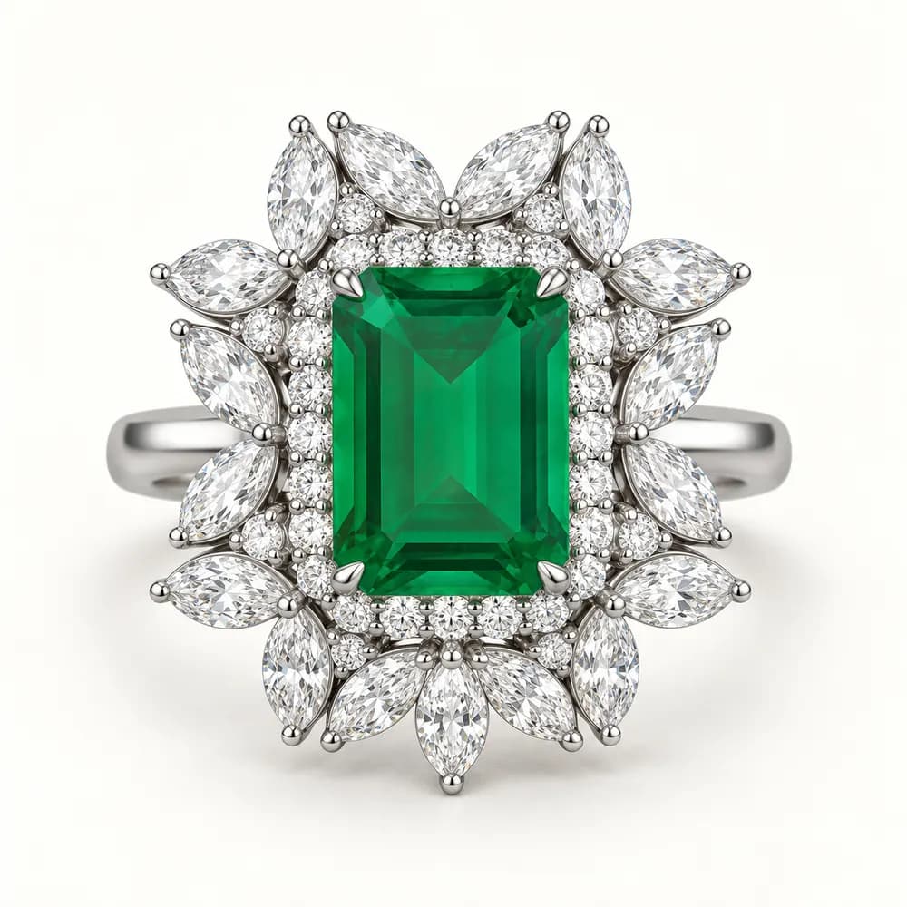 Regal Emerald Marquise Halo Cocktail Moissanite Ring