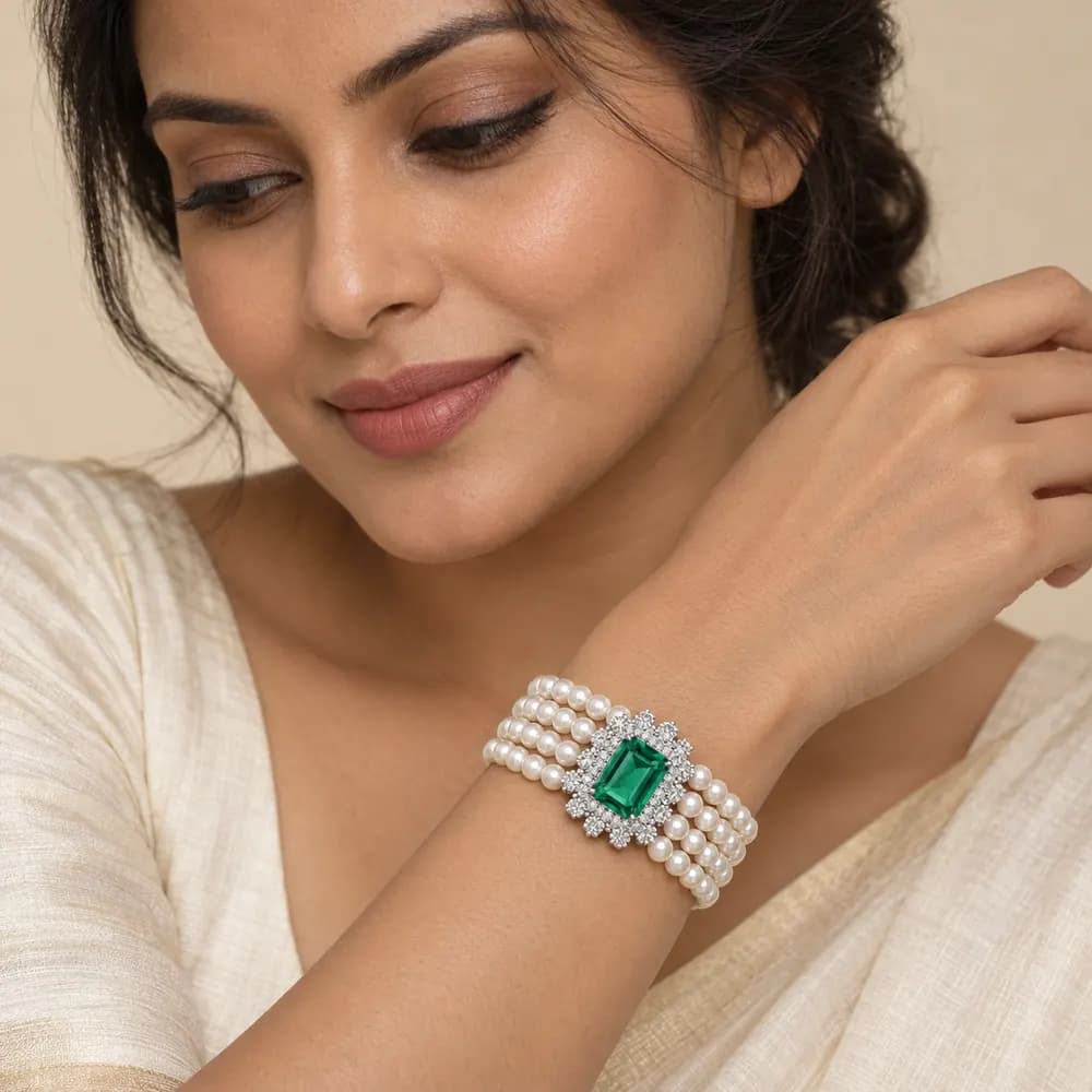 Regal Four Strand Pearl Emerald Moissanite Bracelet — second view