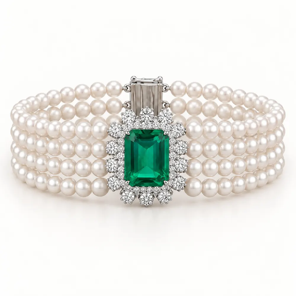 Regal Four Strand Pearl Emerald Moissanite Bracelet