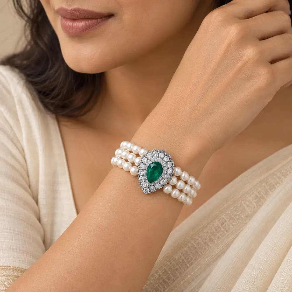 Regal Pearl Emerald Pear Halo Moissanite Bracelet — second view