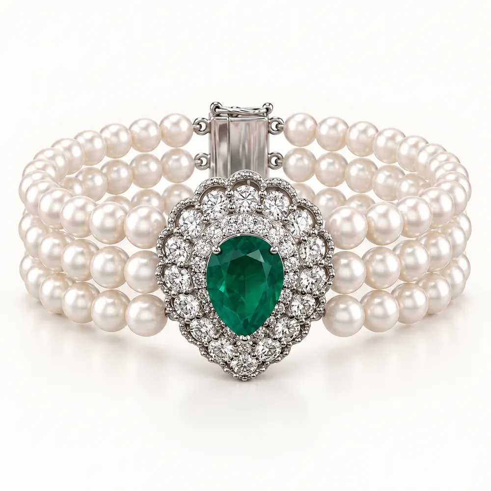 Regal Pearl Emerald Pear Halo Moissanite Bracelet