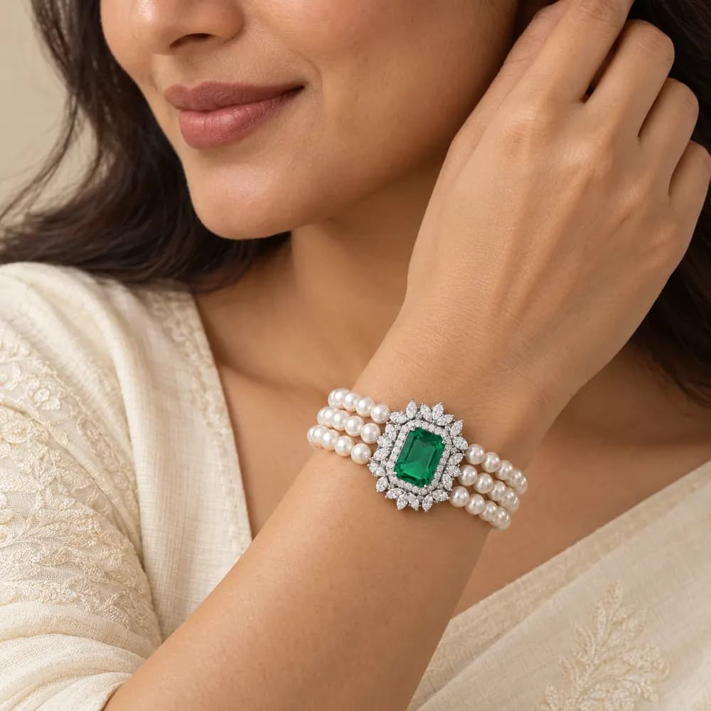 Regal Pearl Emerald Statement Moissanite Bracelet — second view