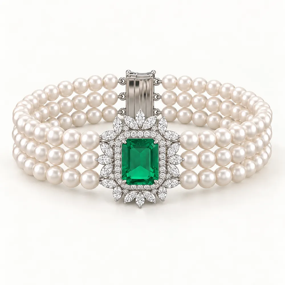 Regal Pearl Emerald Statement Moissanite Bracelet