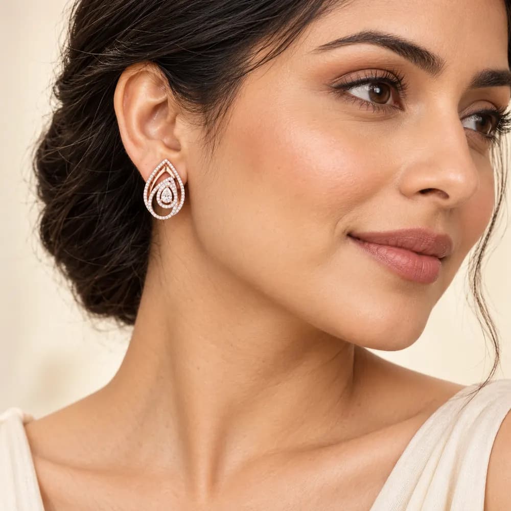 Rose Nested Teardrop Moissanite Stud Earrings — second view