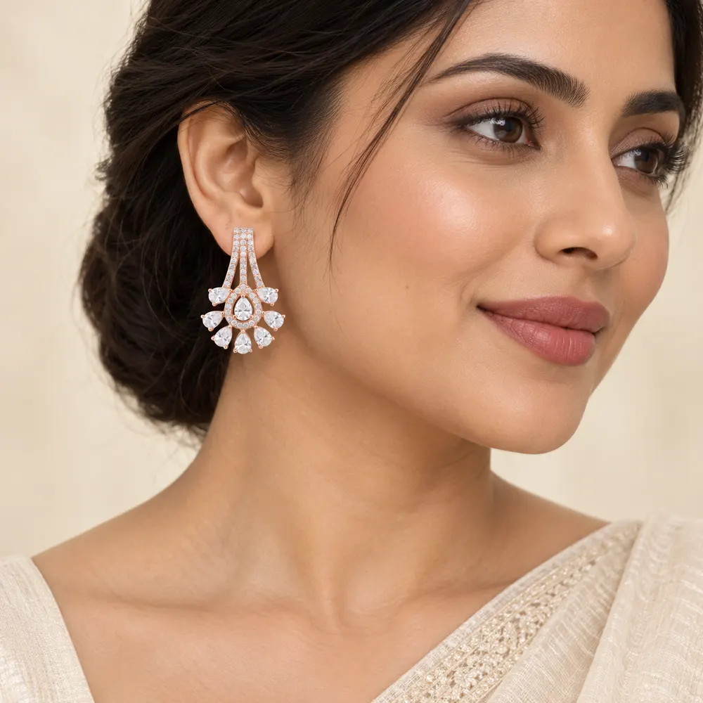 Rose Pear Sunburst Moissanite Earrings — second view
