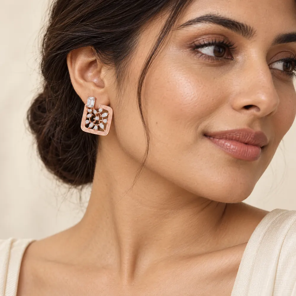 Rose Square Vine Moissanite Earrings — second view