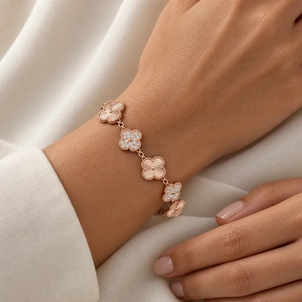 Rose-Tone Clover Station Moissanite Bracelet — second view