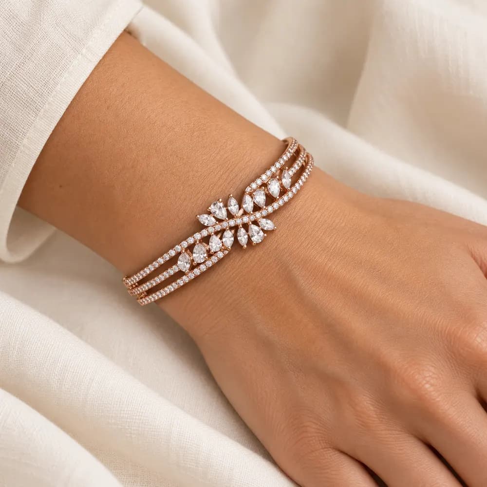 Rose-Tone Leaf Cluster Crossover Moissanite Bangle — second view