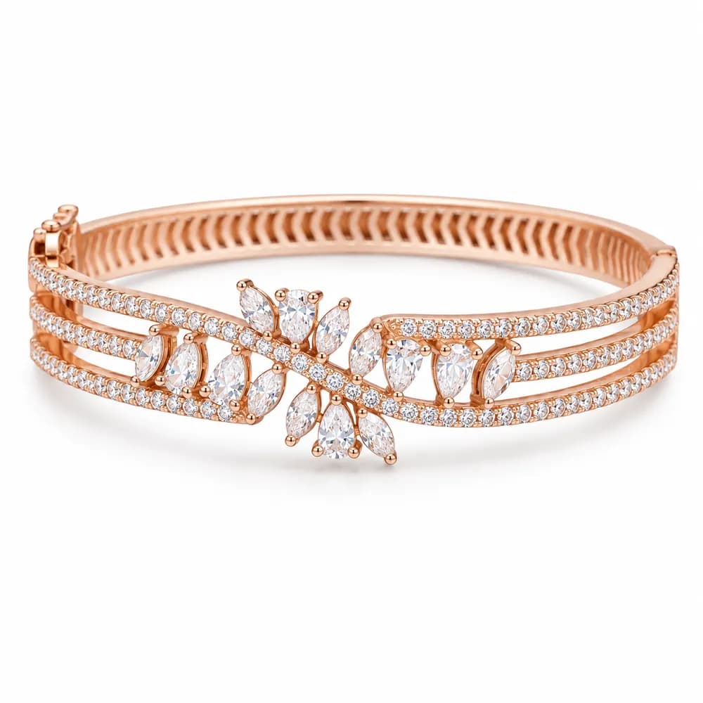 Rose-Tone Leaf Cluster Crossover Moissanite Bangle