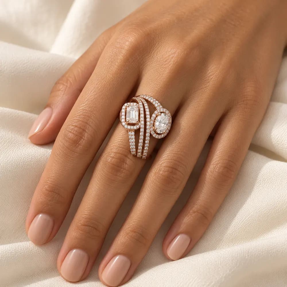 Rose-Tone Oval and Emerald Open Moissanite Ring — second view