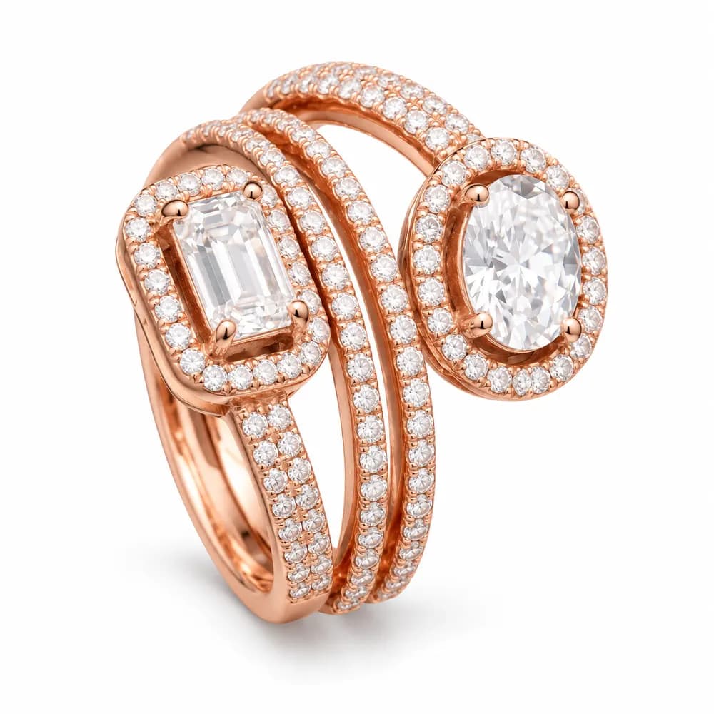 Rose-Tone Oval and Emerald Open Moissanite Ring