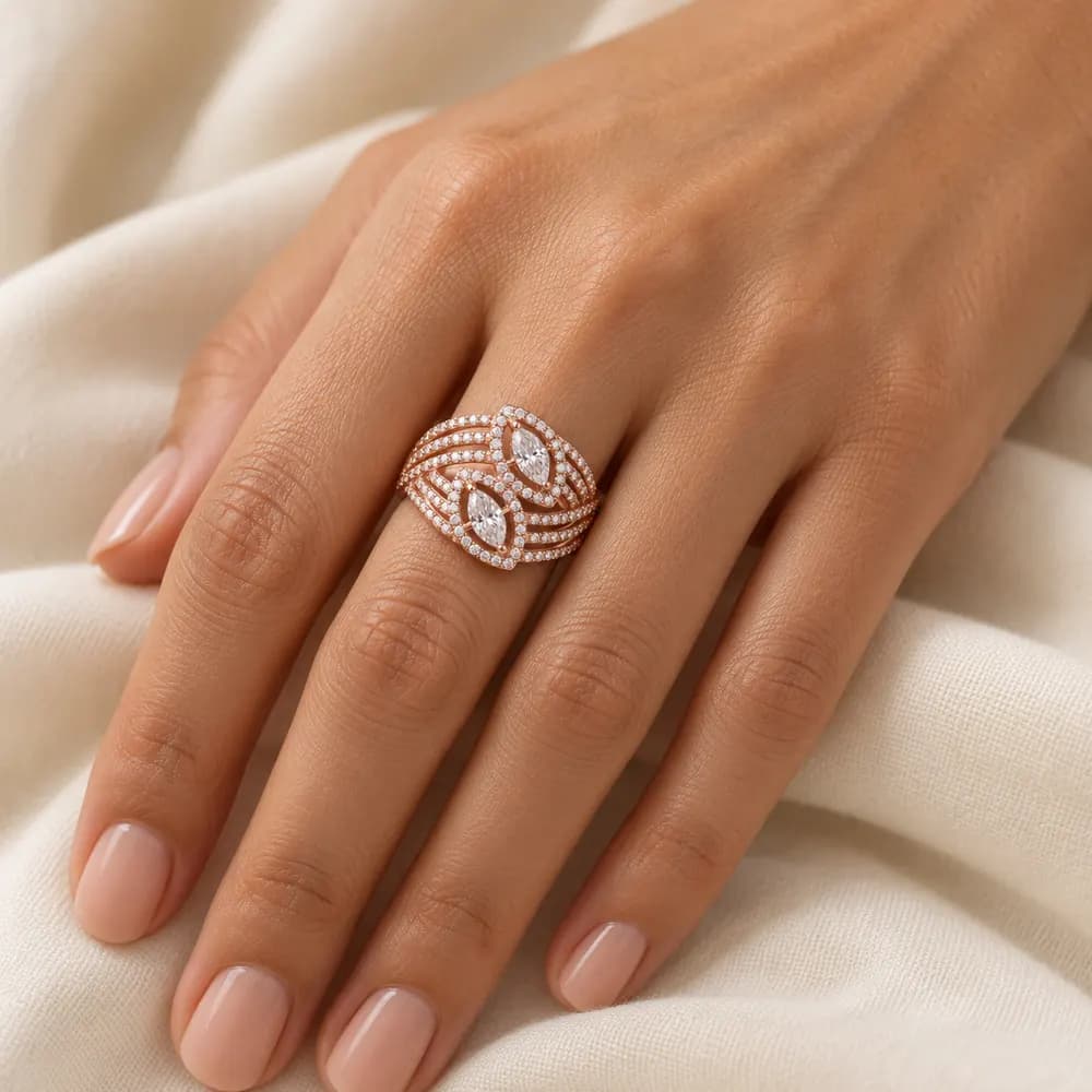 Rose-Tone Twin Marquise Halo Moissanite Ring — second view