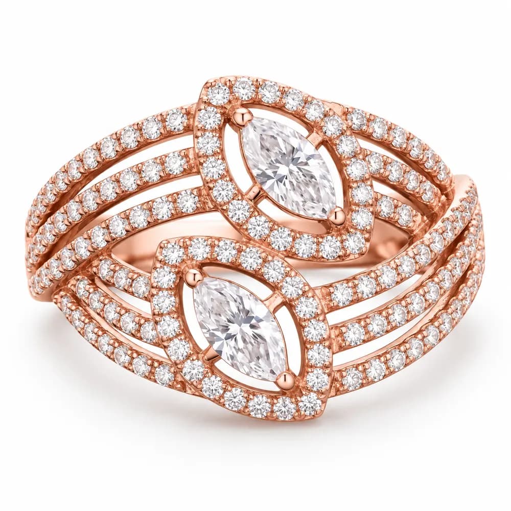 Rose-Tone Twin Marquise Halo Moissanite Ring