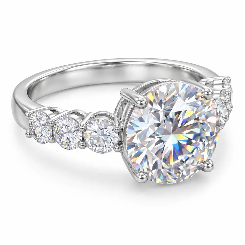 Round Centre Three-Stone Shoulder Moissanite Ring
