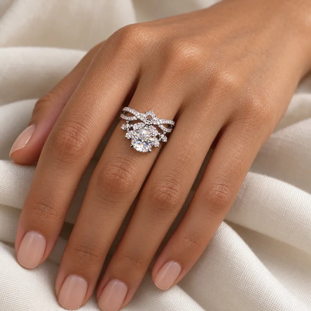 Round Crown Cluster Crossover Moissanite Ring — second view