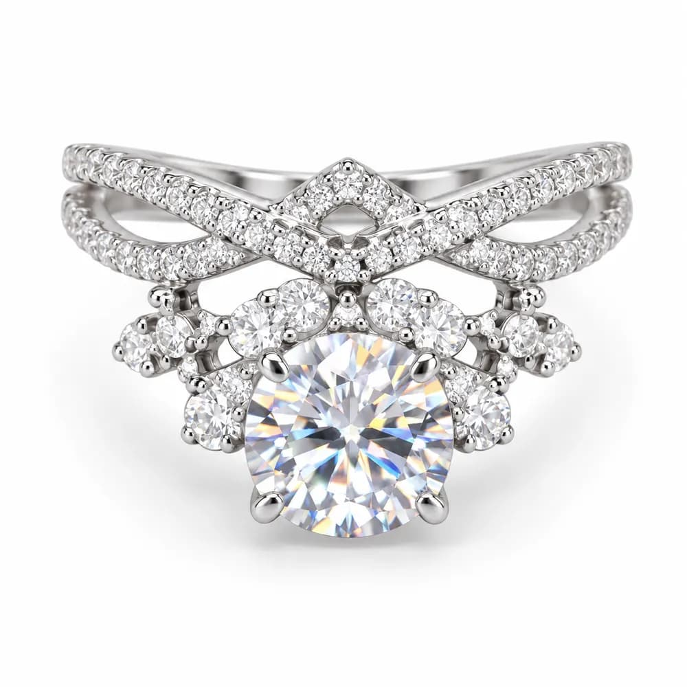 Round Crown Cluster Crossover Moissanite Ring