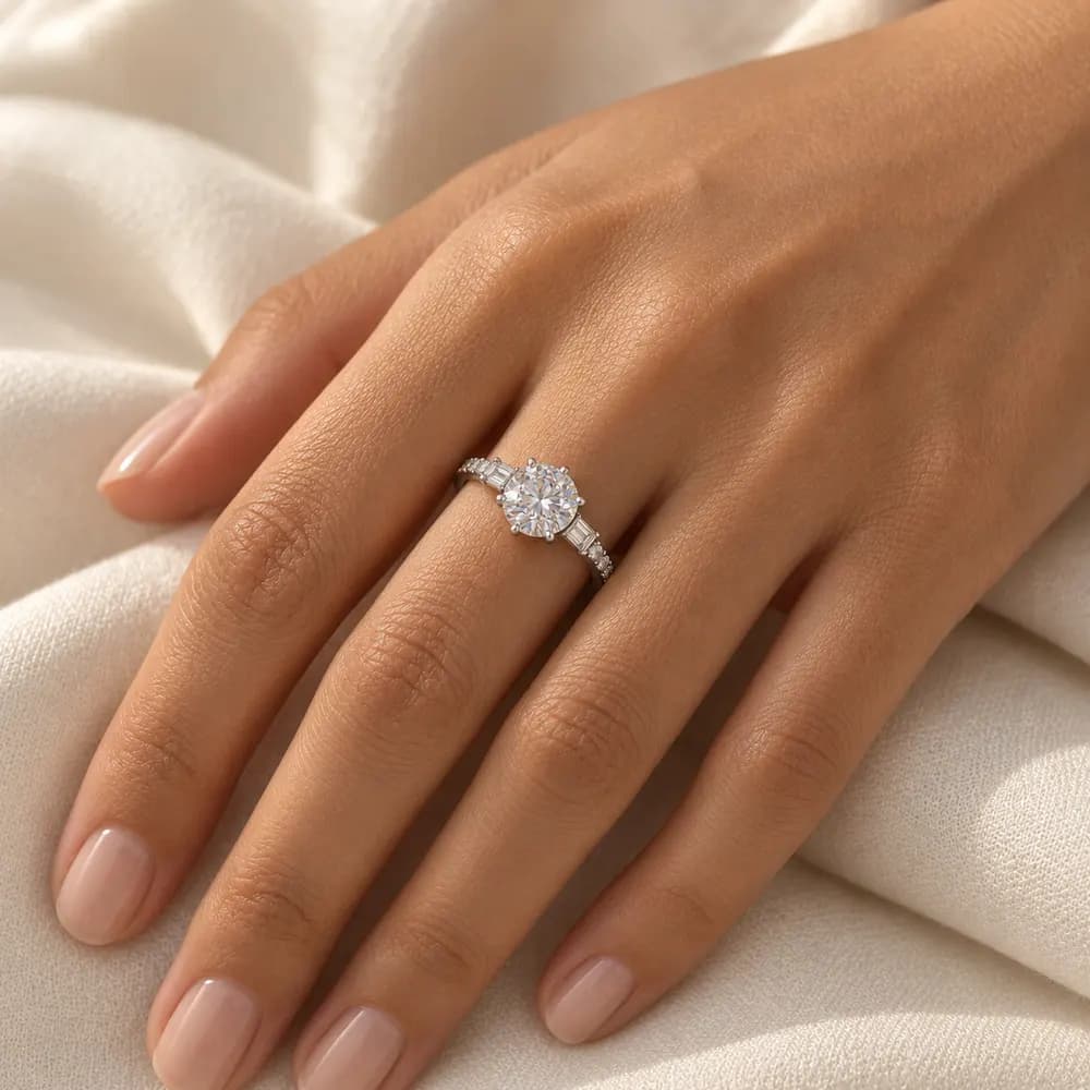 Round Solitaire Baguette Accent Moissanite Ring — second view