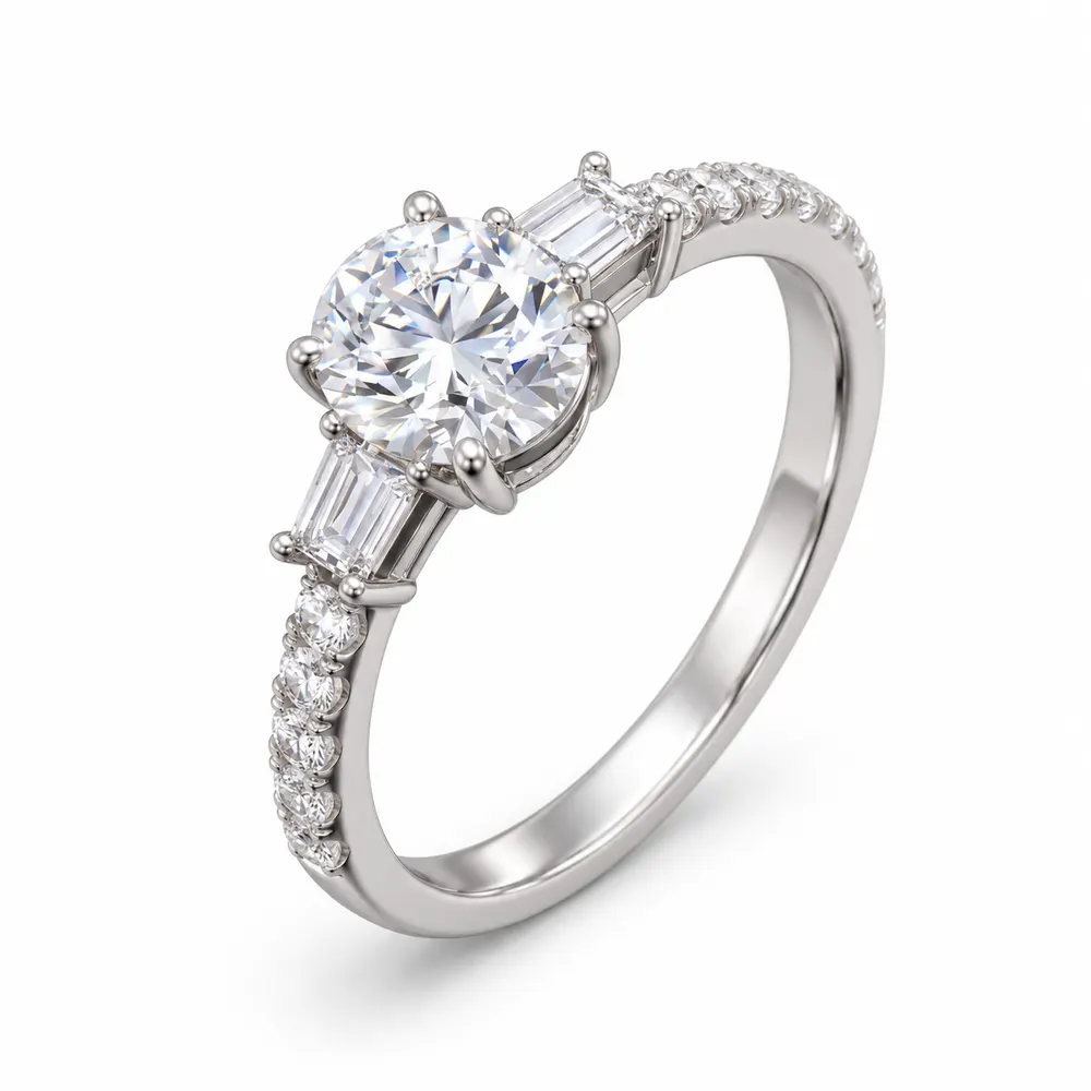 Round Solitaire Baguette Accent Moissanite Ring