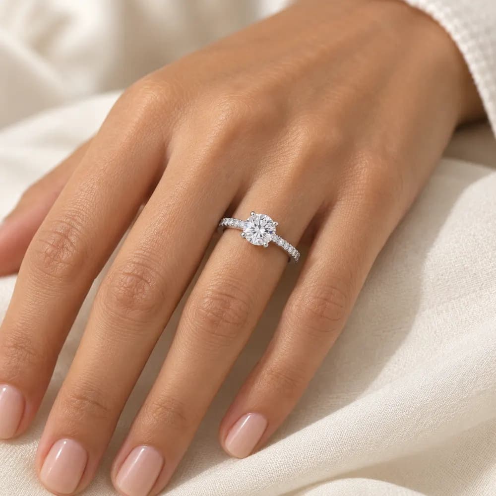 Round Solitaire Classic Pavé Moissanite Band Ring — second view