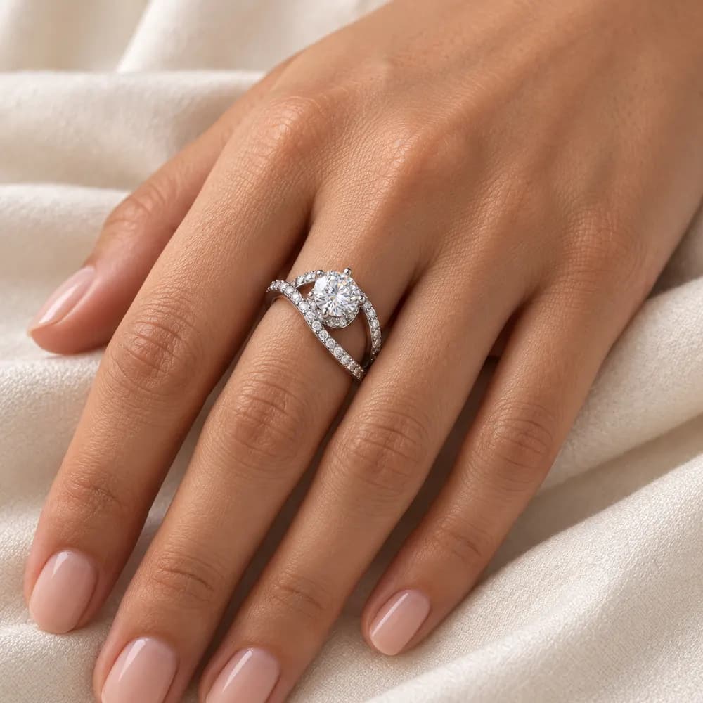 Round Solitaire Diagonal Crossover Moissanite Ring — second view