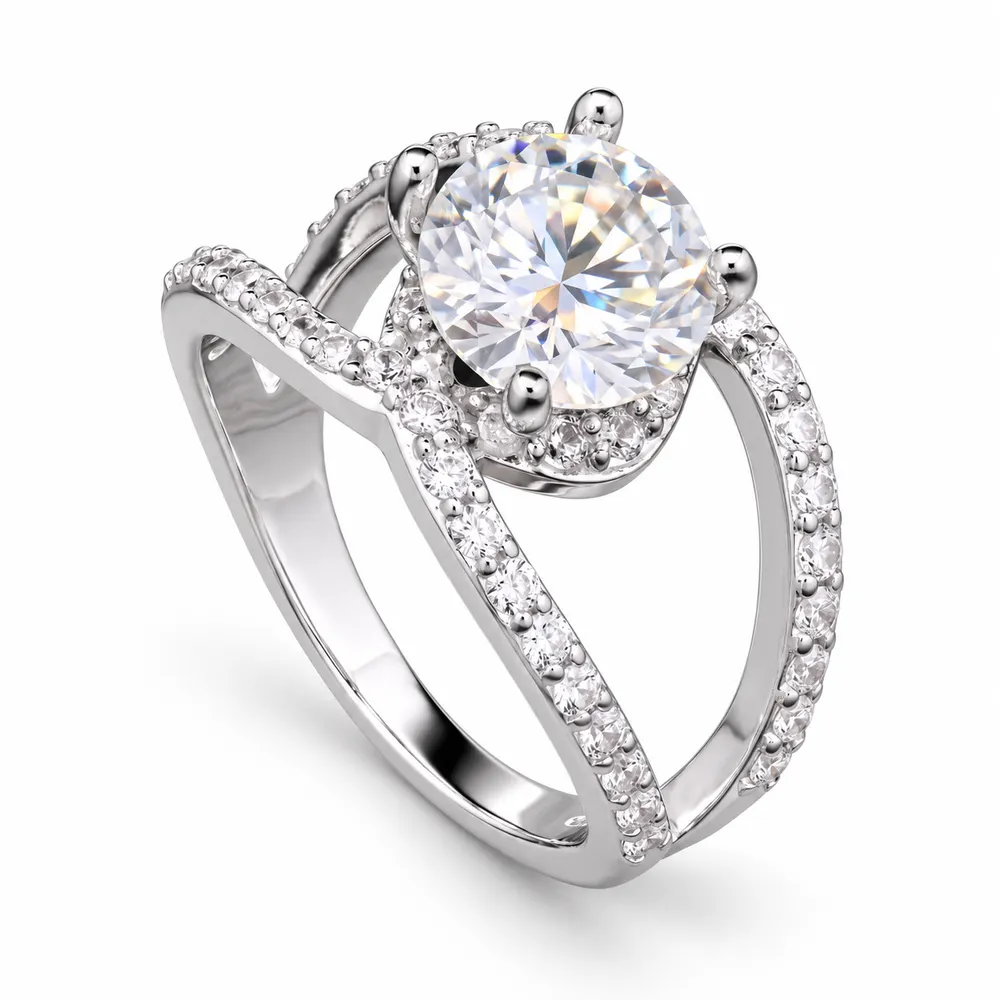 Round Solitaire Diagonal Crossover Moissanite Ring