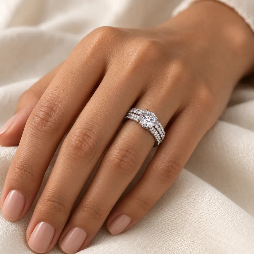 Round Solitaire Triple Pavé Moissanite Ring — second view